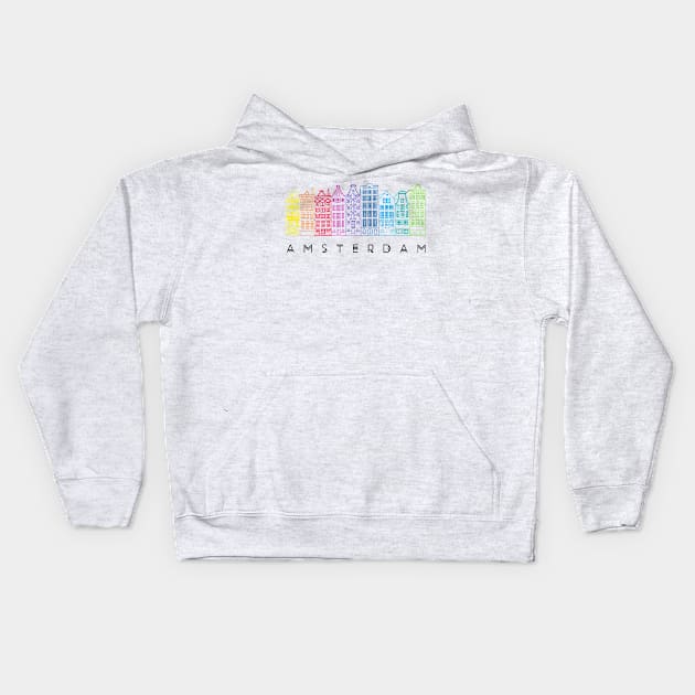 Facades of old canal houses from Amsterdam City rainbow color illustration Kids Hoodie by sinemfiit